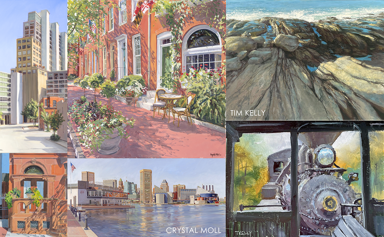 Collage of various artworks including a cityscape, a garden scene, and a train painting. artwork by Crystal Moll and Tim Kelly